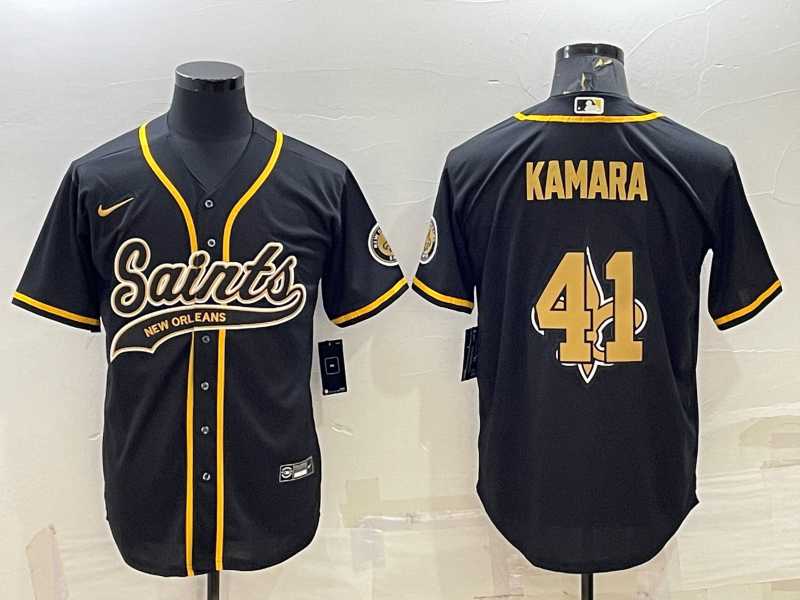 Men%27s New Orleans Saints #41 Alvin Kamara Black Team Big Logo With Patch Cool Base Stitched Baseball Jersey